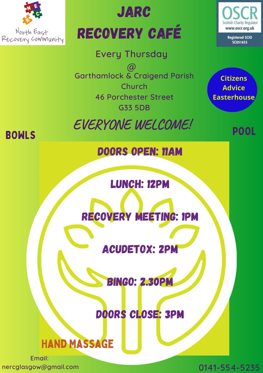 JARC - Jim's Addiction Recovery Café is open today from 11am-3pm. Join us for lunch, a recovery meeting, bingo and acudetox. <a href="/EasterhouseCAB/">Easterhouse CAB</a> will also be on hand for advice from 2pm.