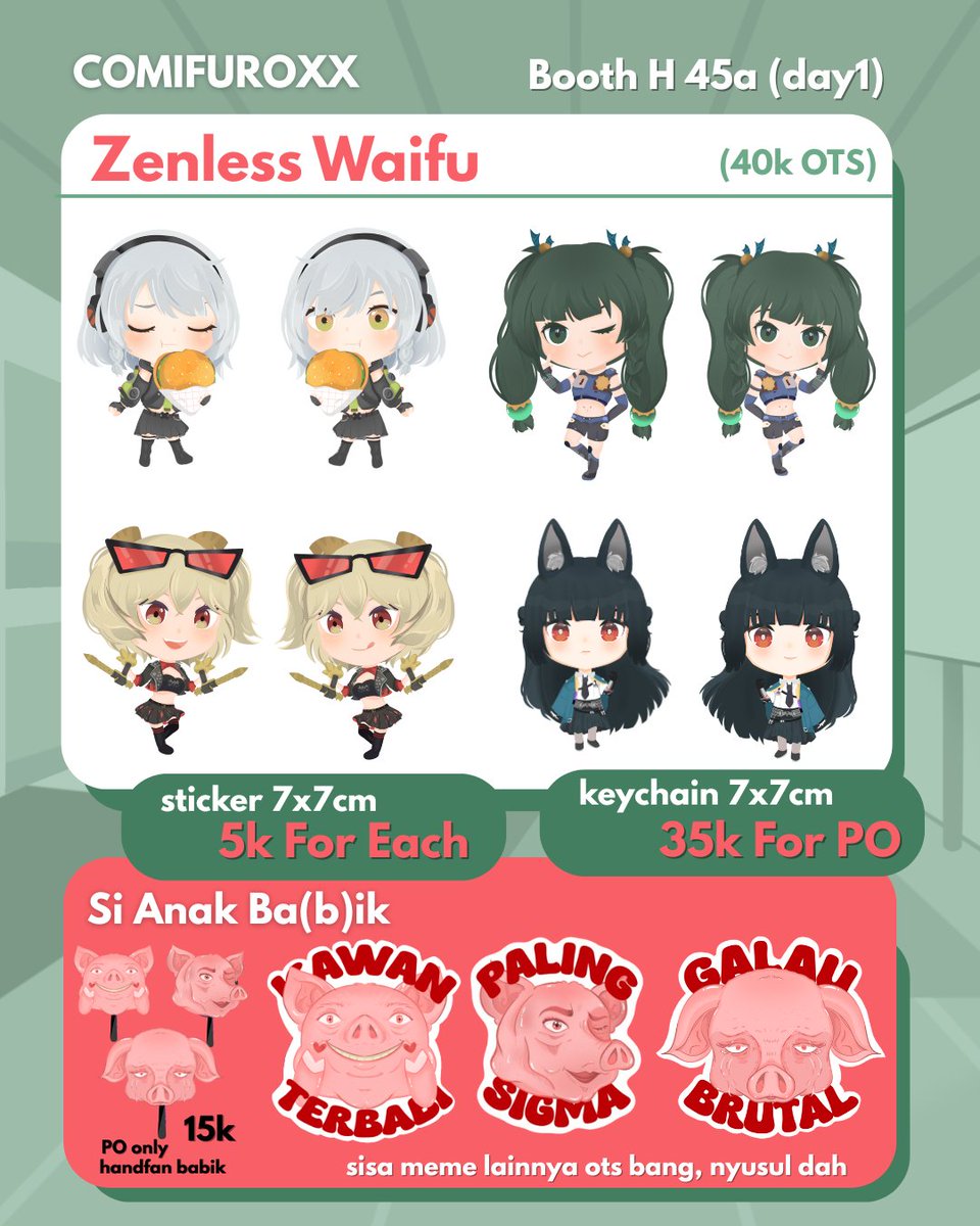 #CFXX catalog and Quick PO (iya orng gila mana yg bru share mepet gini makase)

Booth H-45a - DAY 1 ONLY

PreOrder Link:
forms.gle/gggfUKhTGoPtGK…

Fandom: Zenless waifu, Meme babi.

Like and share are appreciated. <3

#CFXX #Comifuroxx #ZZZ #ZenlessZoneZero