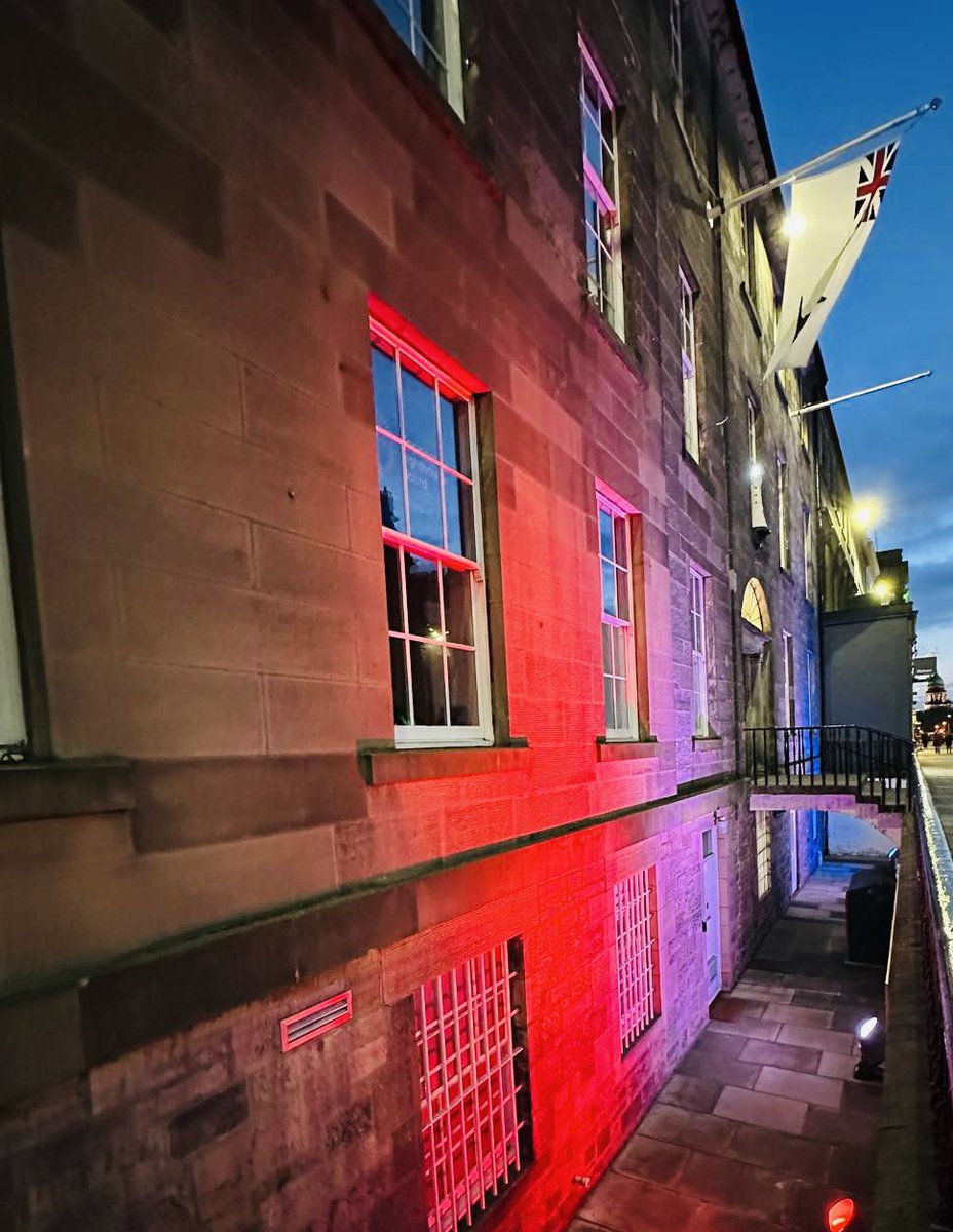 To mark 80 years since the end of the Second World War in Europe, our HQ in Edinburgh has been lit in red, white and blue. 

On VE Day we remember the resilience, sacrifices and courage of all involved including our merchant seafarers. 
#VEDay
