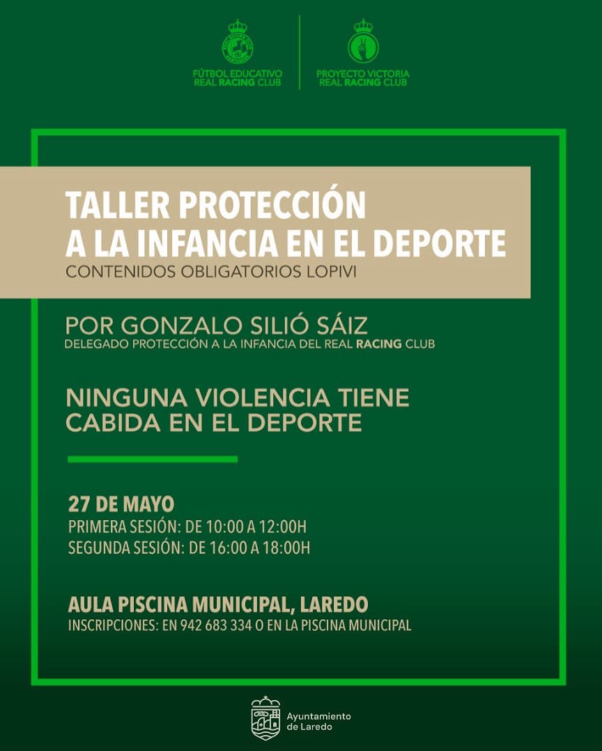 👉🏻Invitamos a todas aquellas personas que tratan con menores de edad en su trabajo durante el día a día a que acudan al #Taller de Protección a la #Infancia en el #Deporte, organizado a través de la Fundación Racing de Santander en la Piscina Municipal.