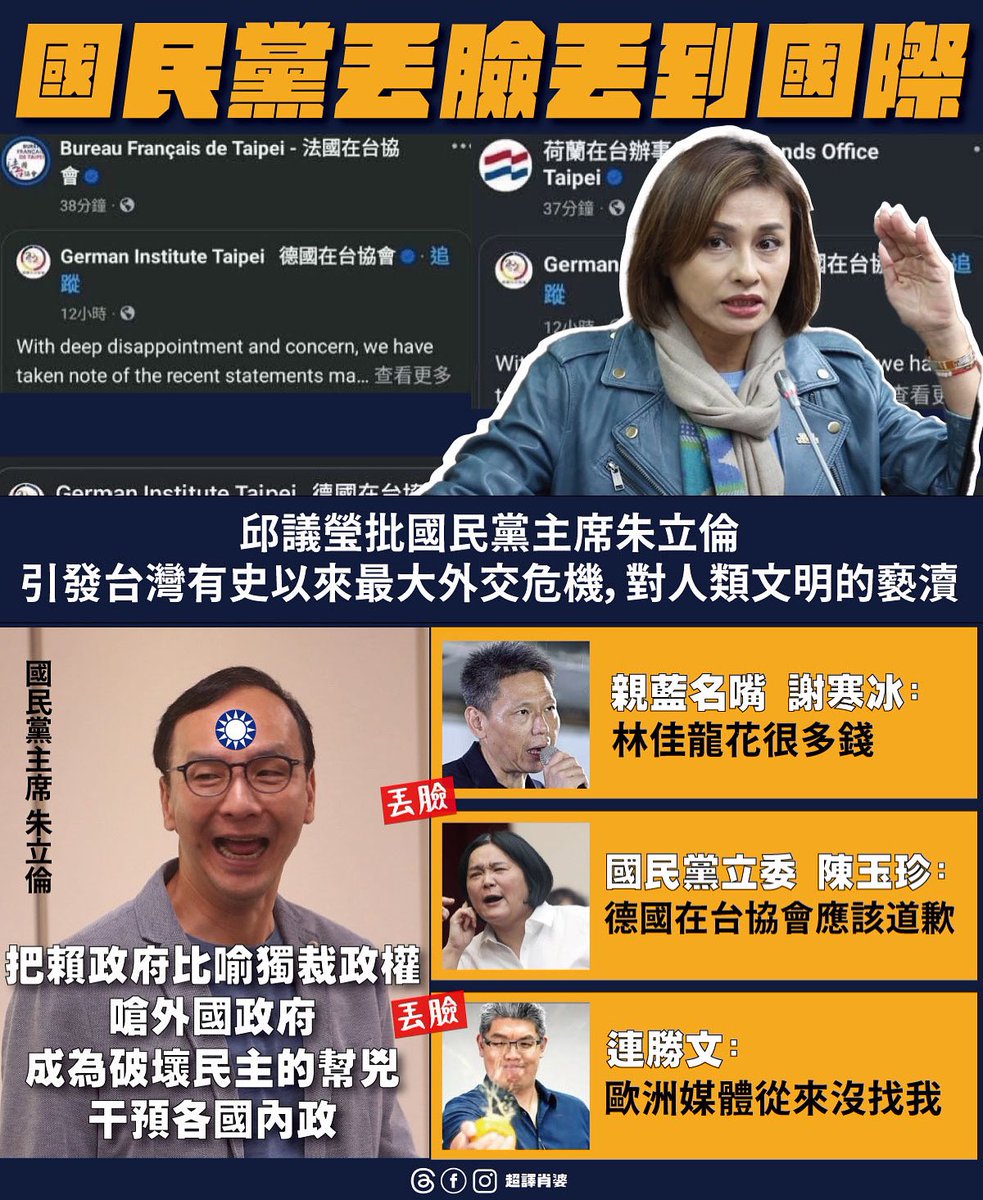 朱立倫一句話惹火了德、法、荷、以色列、以及整個歐洲，也沒有要道歉的意思，還回嗆德國在台協會不要成為迫害民主的幫兇，不該干預各國的內政？？

國民黨終於瘋成大家看不懂的樣子了☺️