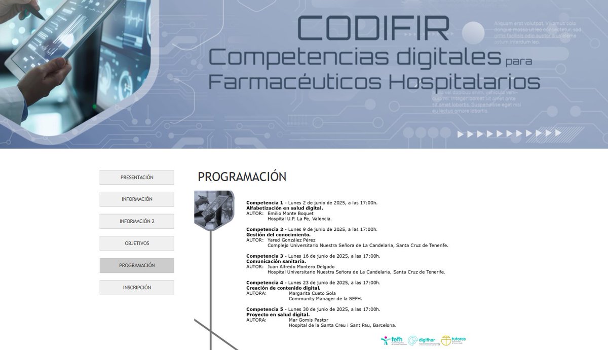 📢Abrimos inscripciones para el Curso online CODIFIR: Competencias digitales para Farmacéuticos Hospitalarios <a href="/DIGIFHAR/">DIGIFHAR</a> <a href="/tutores_sefh/">Grupo Tutores SEFH</a> 

🎯Dirigido a especialistas y residentes de FH
🗓️junio - septiembre
❗️Plazas limitadas. Inscríbete antes del 25 de mayo sefh.es/eventos/curso/…