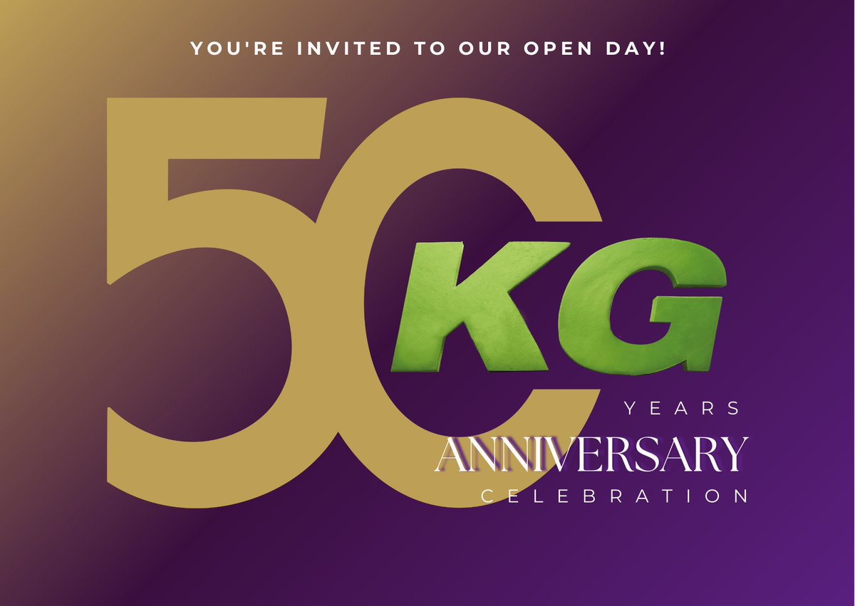 🎉 Celebrate 50 Years of KG with Us! 🎉
Join us for a special Open Day filled with excitement and discovery!
🗓 Date: Saturday, May 17, 2025
🕛 Time: 12:00 – 16:00
📍 Location: KG Headquarters
 Let's celebrate together!
#KG50Years  #KG50OpenDay #OpenDay #FamilyFun