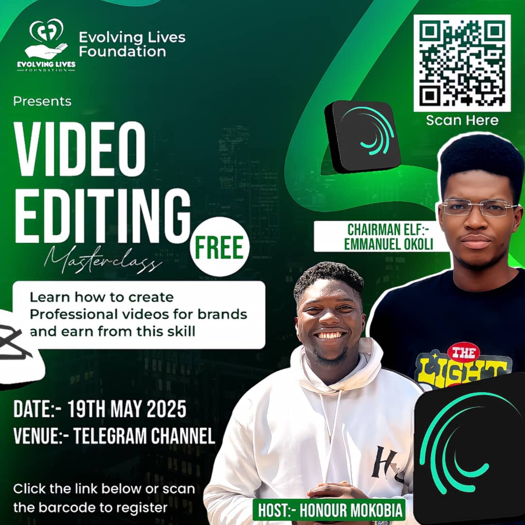 ELFOUNDATION1NG's tweet photo. Evolving lives Foundation presents a 1 month plus video editing and motion design FREE MASTERCLASS, scan or click the link below to join
https://t.co/eorvfQpAkM

#evovlinglivesfoundatin 
#BuildingTheFuture https://t.co/qiRGlm05Ei