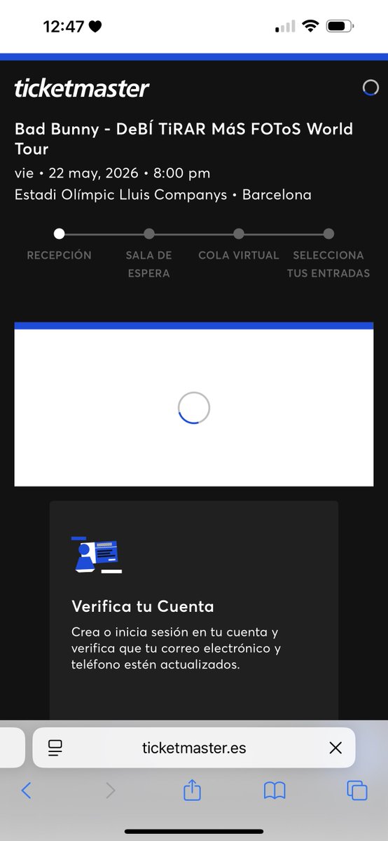 choisansoftie's tweet photo. tremendo esto @TicketmasterES @LiveNationES no hay manera de unirse a la sala de espera para la cola de bad bunny https://t.co/4v1Gi7di3T