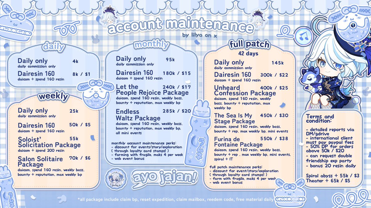 lilyaa__'s tweet photo. @GENSHINJUALBELI Halo sender! Bisa sama Lilya yukk, full pricelist beserta benefitnya ada di gambar yaa <3

Bisa bantu build sm arte nya akan aku cocokin sesuai metanya dan dinaikin jugaa!^__^
Avail qris dan dpt loyalty card jugaa https://t.co/rC4W9PTBVW