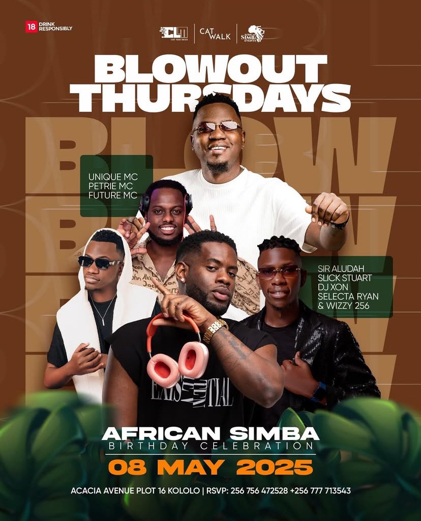 Mushrm (@mushroominc) on Twitter photo Get ready for Blowout Thursday at <a href="/CatwalkKla/">Catwalk Lounge Kampala</a>! <a href="/CindySanyu_UG/">CINDY SANYU</a> performs, plus African Simbaβs birthday bash. <a href="/DjAludah/">Sir. Aludah π</a>, <a href="/djSlickStuart/">djslickstuart</a>, <a href="/DjXonOfficial/">Djay Xon</a>, <a href="/SelectaRyan_/">Selecta Ryan πΊπ¬</a>, & <a href="/deejaywizzy256/">Deejay Wizzy 256</a> spin epic bangers all night! Get ready for Blowout Thursday at <a href="/CatwalkKla/">Catwalk Lounge Kampala</a>! <a href="/CindySanyu_UG/">CINDY SANYU</a> performs, plus African Simbaβs birthday bash. <a href="/DjAludah/">Sir. Aludah π</a>, <a href="/djSlickStuart/">djslickstuart</a>, <a href="/DjXonOfficial/">Djay Xon</a>, <a href="/SelectaRyan_/">Selecta Ryan πΊπ¬</a>, & <a href="/deejaywizzy256/">Deejay Wizzy 256</a> spin epic bangers all night!