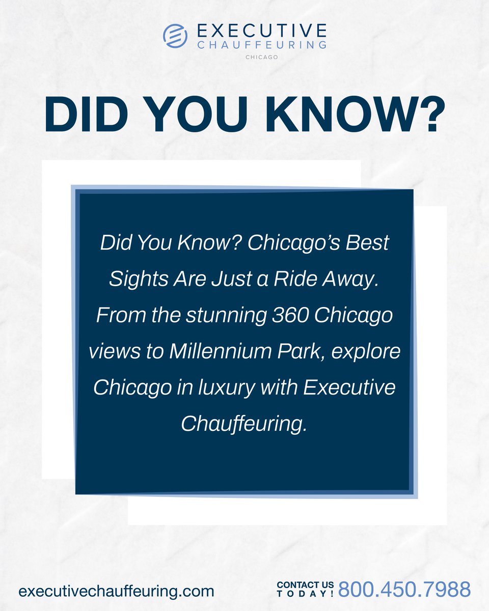 ExecutiveCars's tweet photo. 🏙️ Explore Chicago’s iconic sights in style — from 360 Chicago to Millennium Park!
🚗✨ Book your luxury ride today.
📞 800.450.7988 | 🌐 https://t.co/rvg4keS14U
#chicagotravel #luxurytransportation #visitchicago #executivechauffeuring https://t.co/yWKlcmGLXD