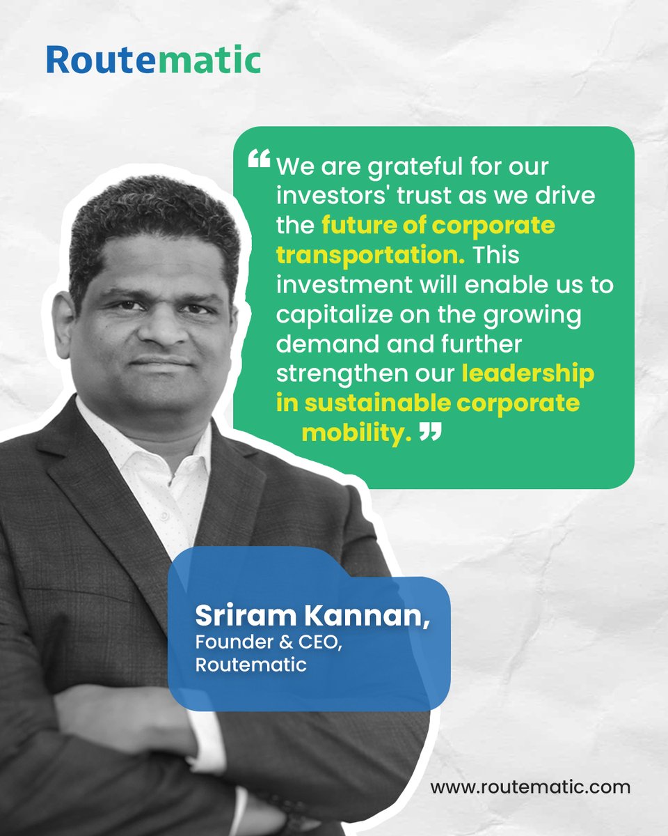Routematic (@routematic) on Twitter photo "This #fundraise is a validation of the vision we’ve been building towards—one where employee mobility is intelligent, sustainable, and scalable."
– <a href="/KannanSriram/">Sriram Kannan</a> , Founder & CEO, <a href="/routematic/">Routematic</a>
#Routematic #SeriesC #Funding #Business #Startup #tech #CorporateCommute "This #fundraise is a validation of the vision we’ve been building towards—one where employee mobility is intelligent, sustainable, and scalable."
– <a href="/KannanSriram/">Sriram Kannan</a> , Founder & CEO, <a href="/routematic/">Routematic</a>
#Routematic #SeriesC #Funding #Business #Startup #tech #CorporateCommute