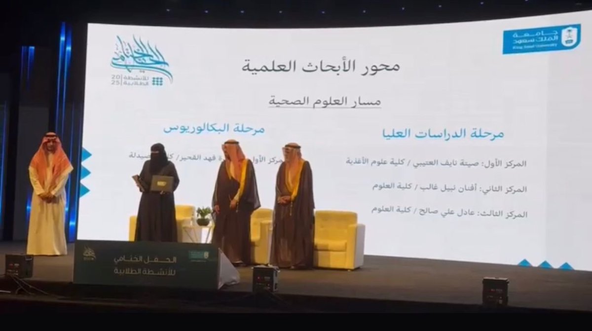 يتقدم قسم علوم الاغذية و التغذية بأسمى التهاني والتبريكات لطالبة الدكتوراه صيتة نايف العتيبي حصولها على المركز الأول في محور الأبحاث العلمية (مسار العلوم الصحية) بجامعة الملك سعود وتكريمها من سعادة مدير الجامعه المكلف
ونبارك لمشرفيها أ.د غدير الشمري وأ.د نوال البدر هذا الإنجاز.
