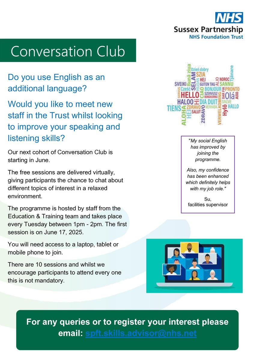 SPFT Development (@developmentspft) on Twitter photo Would you like to meet new colleagues whilst improving your #English listening and speaking skills? Then Conversation Club is for you. The virtual sessions starting in June are for staff who use English as an additional #language <a href="/SPFT_NHS/">Sussex Partnership</a> Would you like to meet new colleagues whilst improving your #English listening and speaking skills? Then Conversation Club is for you. The virtual sessions starting in June are for staff who use English as an additional #language <a href="/SPFT_NHS/">Sussex Partnership</a>