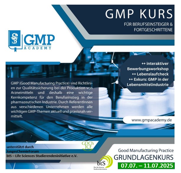 JungesChemieForum (@jungchemiker) on Twitter photo Good Manufacturing Practice (deutsch)
Datum?📆 07.-11. Juli 2025
Kosten? 💸
eingeschriebene Studierende: ab 189€
Privatpersonen: ab 239€
Unternehmen: ab 289€
For questions, please contact kontakt@gmp-kurs.de.
More information and registration here: gmp-kurs.de Good Manufacturing Practice (deutsch)
Datum?📆 07.-11. Juli 2025
Kosten? 💸
eingeschriebene Studierende: ab 189€
Privatpersonen: ab 239€
Unternehmen: ab 289€
For questions, please contact kontakt@gmp-kurs.de.
More information and registration here: gmp-kurs.de