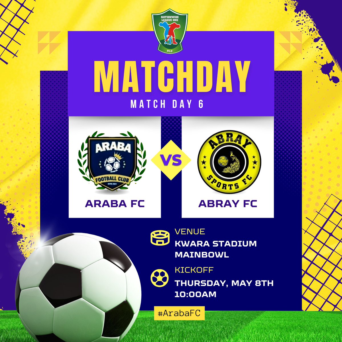 In minutes, Araba FC will take on Abray FC at the Kwara Stadium mainbowl.  

It will be one for the books, be there!