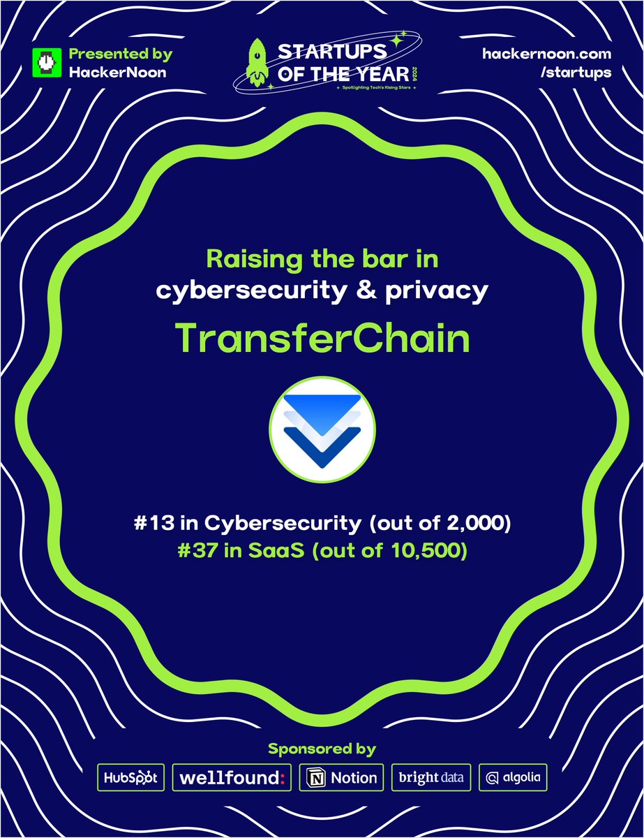 🌟Big news from HackerNoon’s Startups of the Year 2024! 🌟 

TransferChain has just been ranked:
🔐 #13 in Cybersecurity (out of 2,000 startups)
 🖥️ #37 in SaaS (out of 10,500 startups)

This recognition (hackernoon.com/startups/indus…) comes after 4 million+ votes were cast globally 🌍