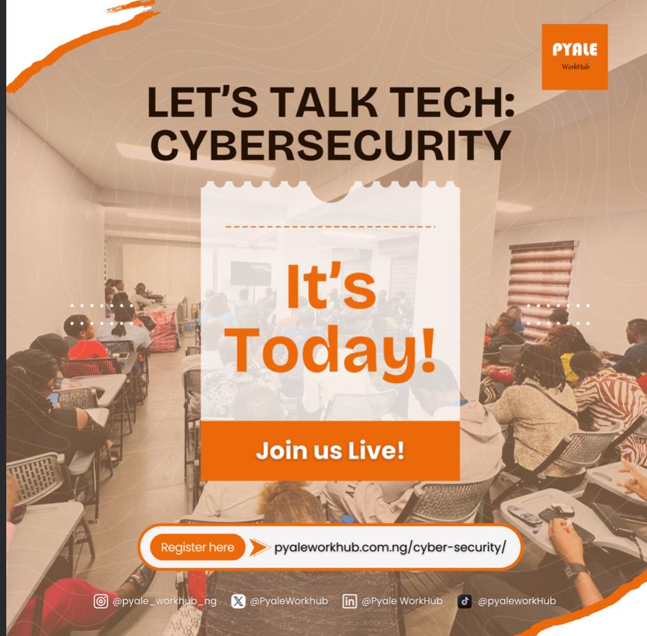 PyaleWorkhub's tweet image. Happening Today! 
Let&apos;s talk tech: Cyber security edition kicks off at 12 noon at Pyale Workhub and we are thrilled to have you with us! 
Location: No 21 Bekwere Wosu street D-line Port Harcourt 
Time: 12:00 pm
See you soon! 
#PyaleWorkhub #TalkTech #Tech4All #CyberSecurity #tech