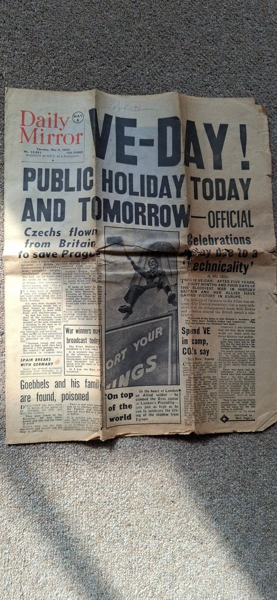 Today I am remembering my grandfather, who kept this newspaper with his important paperwork until he died in 2002. #VEDay80