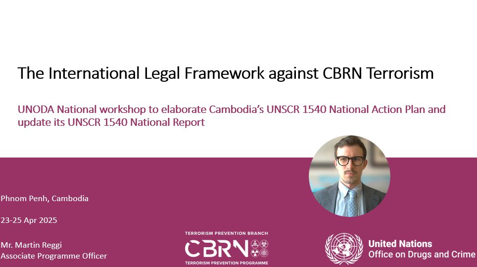 Martin Reggi (@reggijr) on Twitter photo Last month, I contributed to <a href="/UN_Disarmament/">UN Office for Disarmament Affairs</a>’s #UNSCR1540 National Action Plan Workshop for 🇰🇭, presenting on #ICSANT and the int'l legal framework against #CBRN terrorism.
<a href="/UNODC/">UN Office on Drugs & Crime</a> promotes #ICSANT and other relevant instruments thanks to funding from 🇨🇦, 🇪🇺 and 🇺🇸.
#UNODC_CBRN Last month, I contributed to <a href="/UN_Disarmament/">UN Office for Disarmament Affairs</a>’s #UNSCR1540 National Action Plan Workshop for 🇰🇭, presenting on #ICSANT and the int'l legal framework against #CBRN terrorism.
<a href="/UNODC/">UN Office on Drugs & Crime</a> promotes #ICSANT and other relevant instruments thanks to funding from 🇨🇦, 🇪🇺 and 🇺🇸.
#UNODC_CBRN