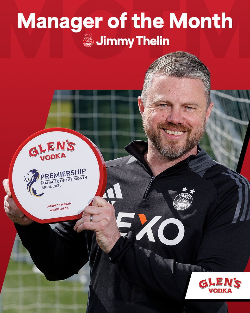 spfl's tweet photo. Congratulations to @AberdeenFC's Jimmy Thelin, @GlensVodkaLLG Premiership Manager of the Month for April! 🏆 https://t.co/HZwpXRW8s1
