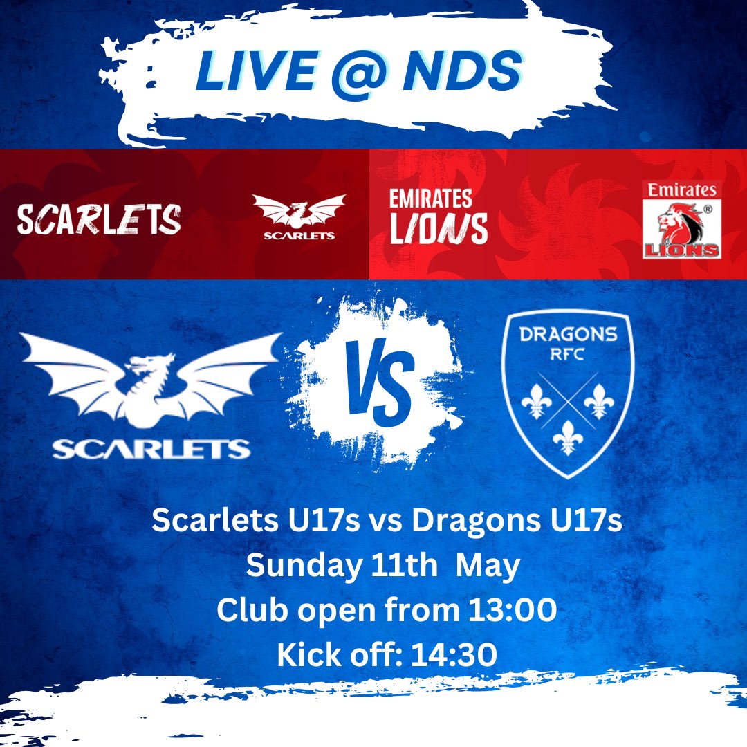 NDSRugby's tweet image. Double rugby action this Sunday at NDS!

Scarlets U17s vs Dragons U17s – KO 14:30 on St George’s Field
Scarlets vs Emirates Lions – KO 14:00 (live in clubhouse)

Scarlets are chasing the play-offs &amp;amp; Champions Cup spot!

Club opens 13:00 – Be there!

@Scarlets_Supp
