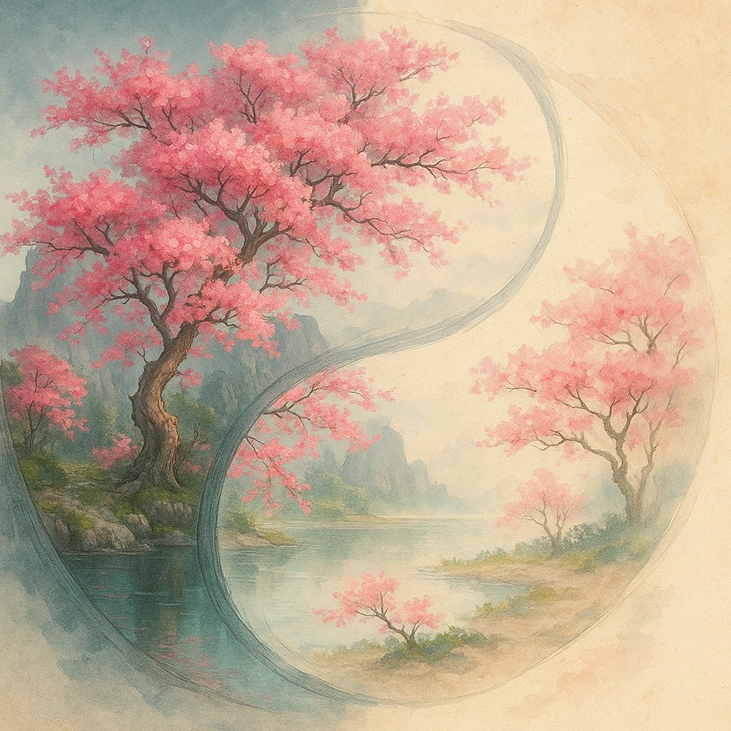 artivision2611's tweet image. Petals fall. Mountains breathe.
A cherry tree sways between worlds — one side crisp with detail, the other soft with soul.
Yin &amp;amp; Yang in bloom.
#YinYangArt #CherryBlossom #Phibes #WatercolorMagic #CinematicArt #AIart