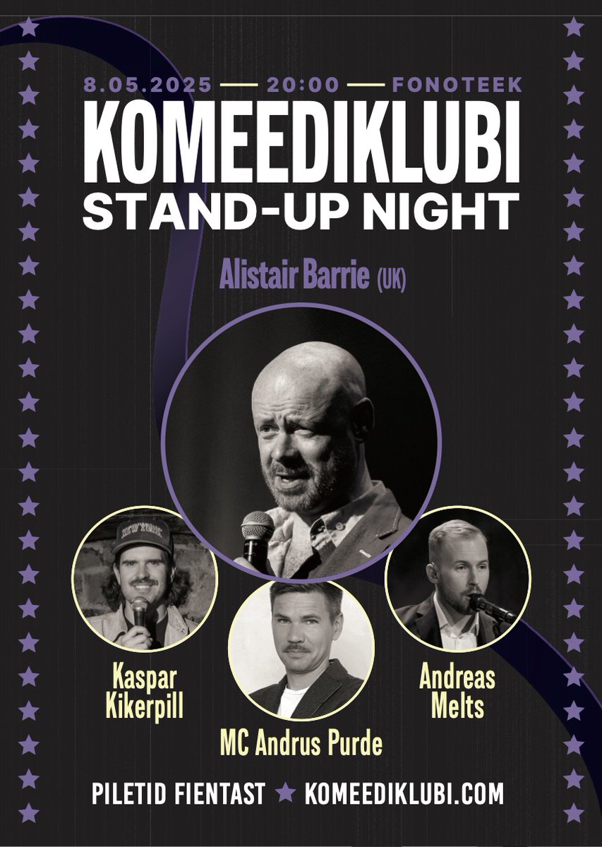 Komeediklubi (@komeediklubi) on Twitter photo Showtime tonight with <a href="/AlistairBarrie/">Alistair Barrie</a> <a href="/kikerpill/">Kaspar Kikerpill</a> <a href="/AndreasMelts/">andreasmelts</a> and <a href="/andruspurde/">Andrus Purde</a>. Doors 7pm, show starts 8pm, some tickets still left on Fienta. fienta.com/et/komeediklub… Showtime tonight with <a href="/AlistairBarrie/">Alistair Barrie</a> <a href="/kikerpill/">Kaspar Kikerpill</a> <a href="/AndreasMelts/">andreasmelts</a> and <a href="/andruspurde/">Andrus Purde</a>. Doors 7pm, show starts 8pm, some tickets still left on Fienta. fienta.com/et/komeediklub…