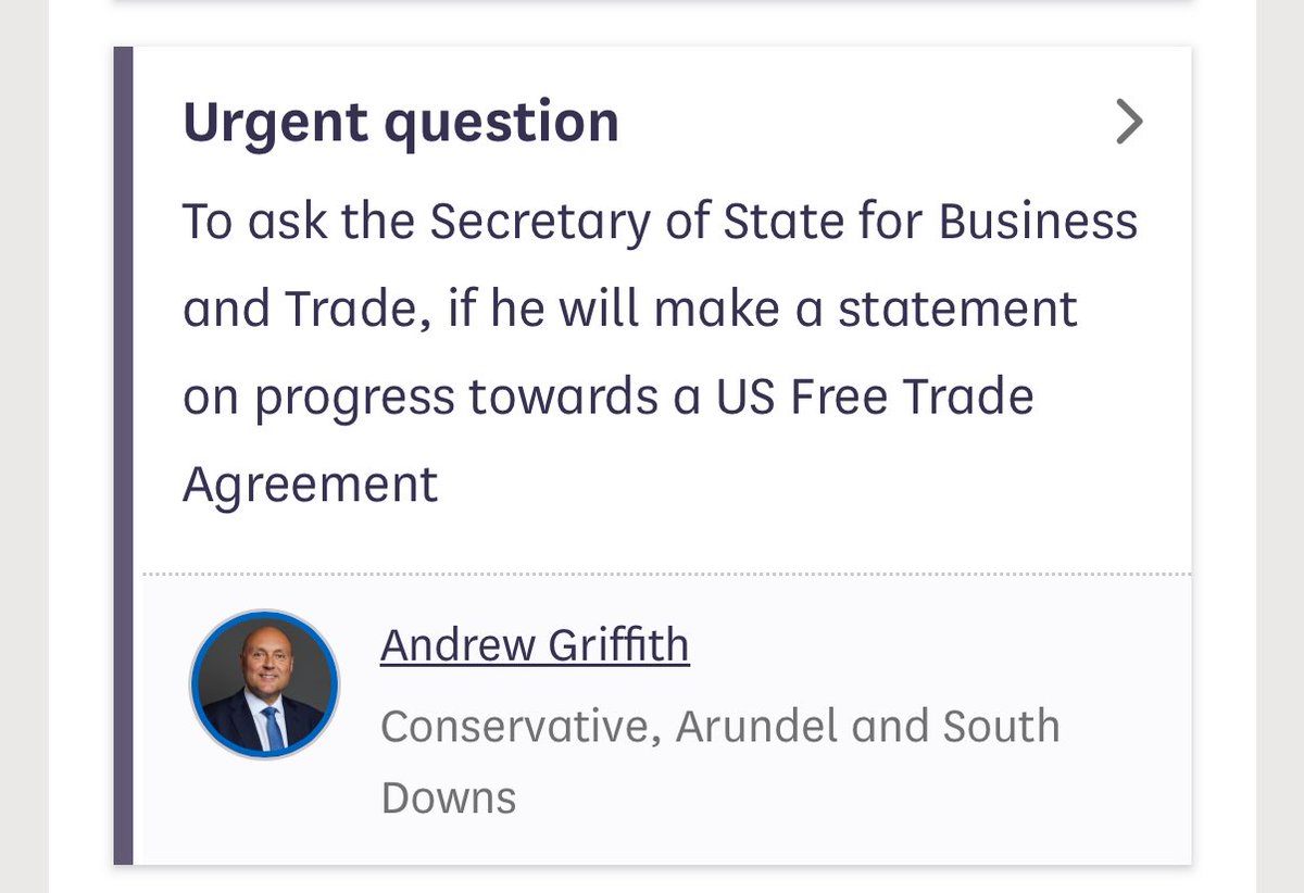 BREAKING: I have been granted an urgent question in Parliament on US-UK Trade this morning.  

The government will have to come to the House to provide more detail on the deal that has leaked out this morning.