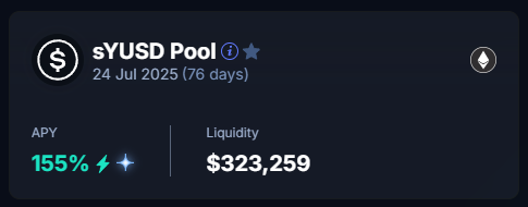 PendleIntern's tweet photo. Replace "4.122%" with "155% APY" LMFAO

@aegis_im sYUSD LPs now earning:

🔹355x more vs. native yield
🔹4.25x Aegis Points (with the next highest possible multiplier being 3x)

💦 https://t.co/J8I29v71gG