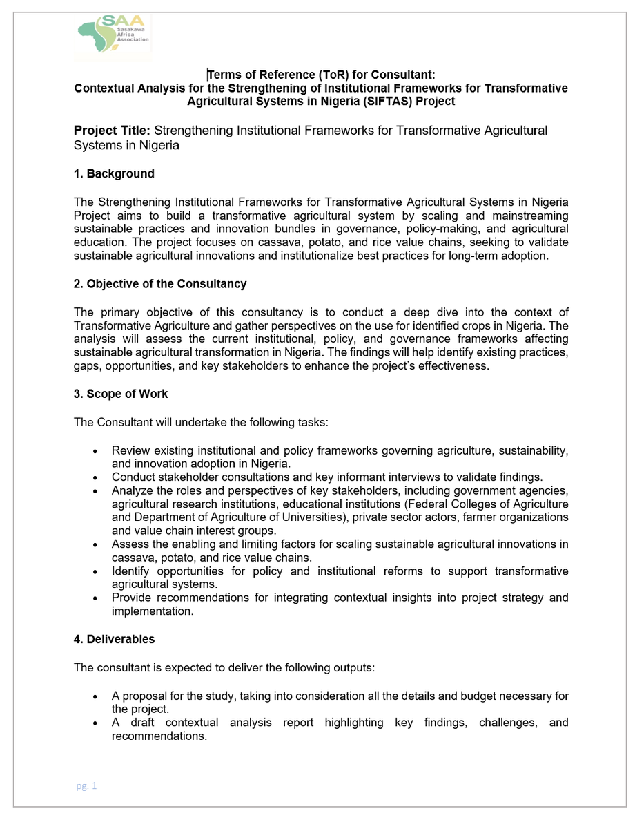 NigeriaSasakawa's tweet photo. #Readvertized 

The SAA-led Strengthening Institutional Frameworks for Transformative Agricultural Systems project seeks a consultant to analyze agricultural frameworks and engage stakeholders to improve our impact.

Details in the file in the link: https://t.co/bQ62GxWQeH https://t.co/IwdofZCbFr