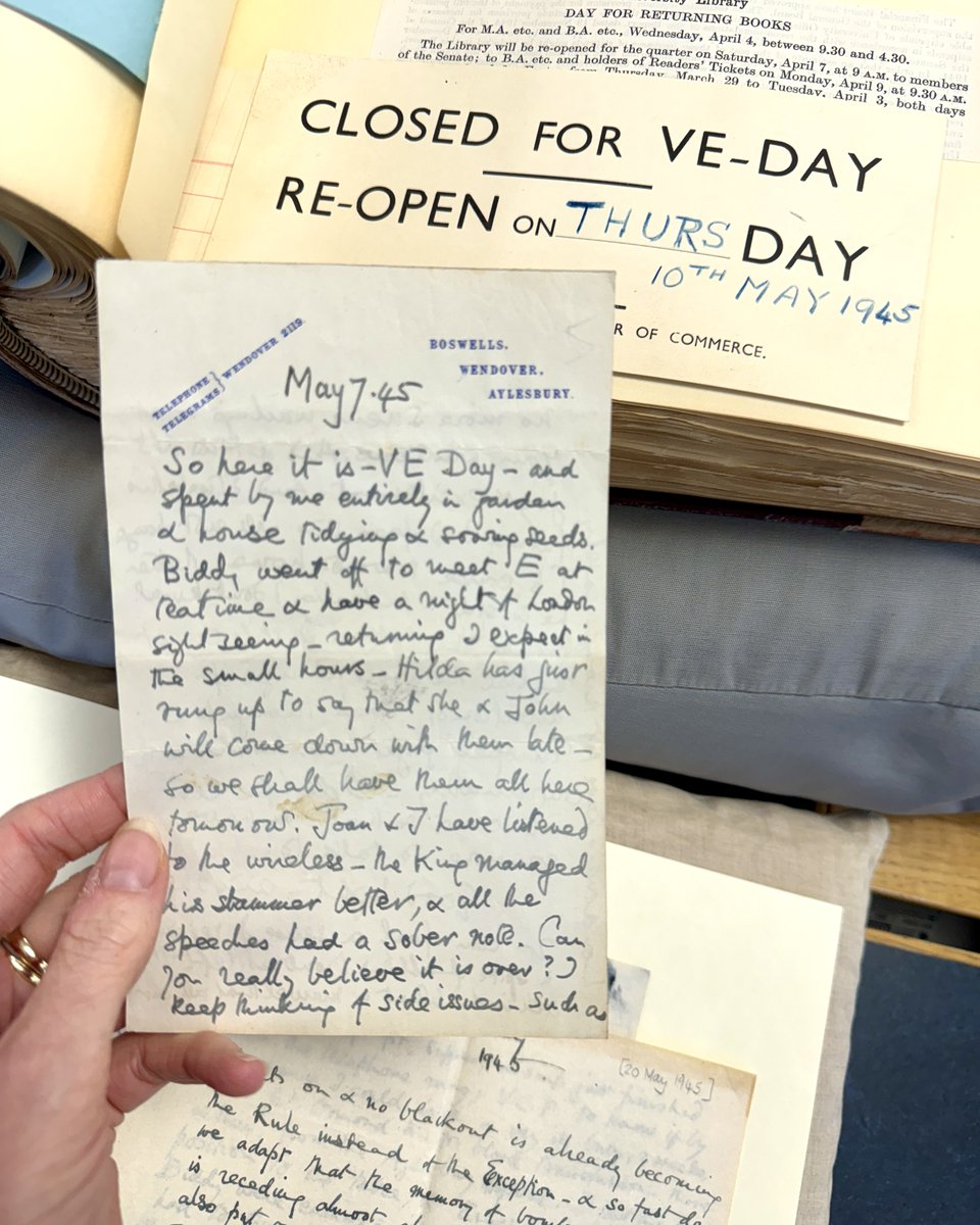 “So here it is – VE Day – and spent by me entirely in garden &amp; house tidying &amp; sowing seeds […] Can you really believe it is over?”

Taken from a letter from Charles Darwin’s granddaughter, Nora Barlow, to her mother, Ida Darwin, on 7 May 1945. #VE80 #VEDay80
MS Add.10286/1/8/46