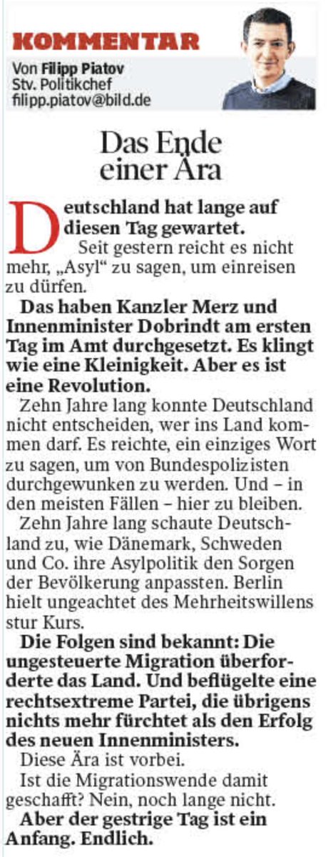 Nichts fürchtet die AfD mehr als den Erfolg des neuen Innenministers Alexander Dobrindt. Mein Kommentar zum Asylstopp in <a href="/BILD/">BILD</a>.