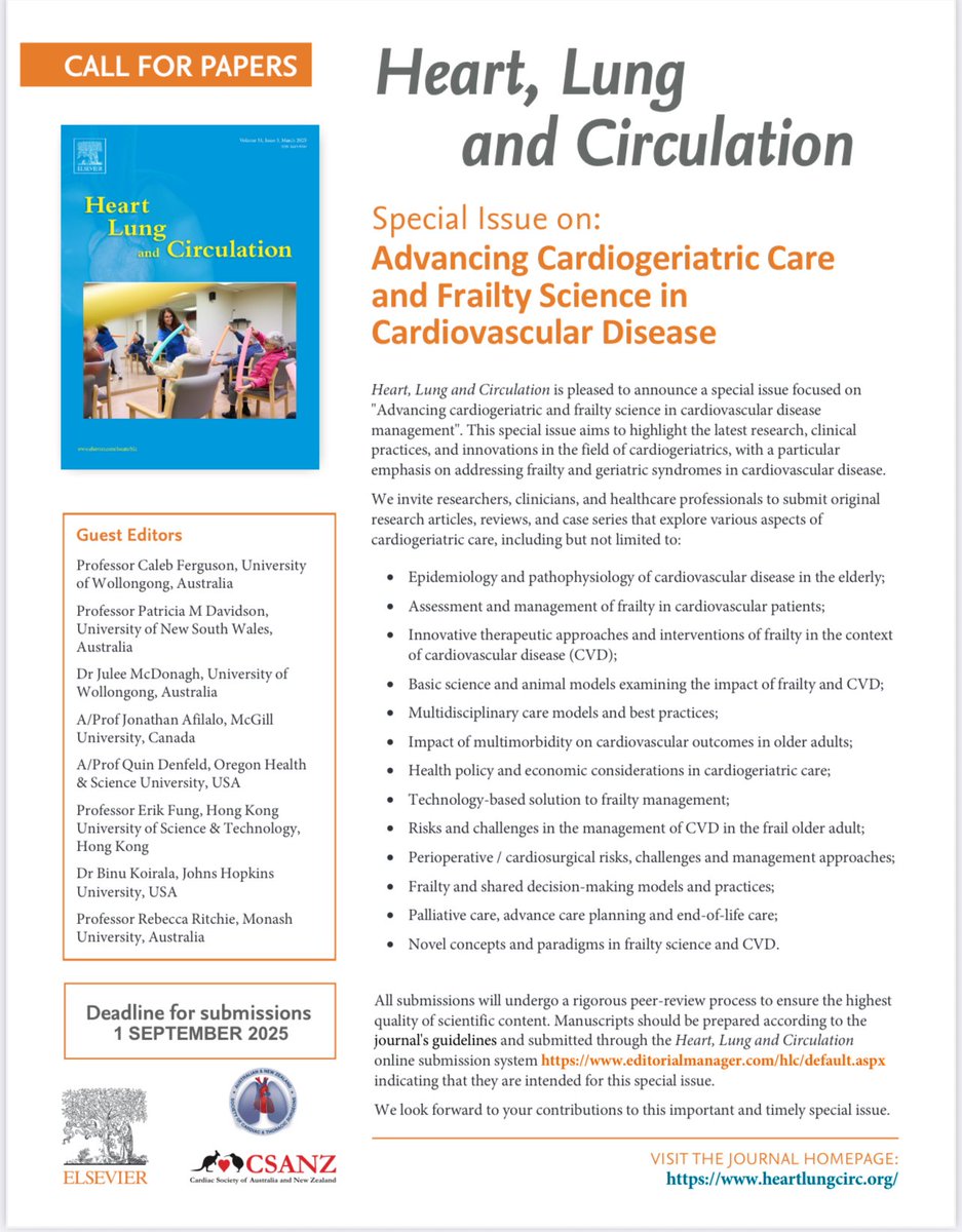 Caleb Ferguson (@calebferg) on Twitter photo 🚨 Excited to announce a Call for Papers for a Special Issue of Heart, Lung & Circulation on ‘Advancing Cardiogeriatric Care and Frailty Science in Cardiovascular Disease’.
✍️ Deadline for submissions - 1st Sept 2025
<a href="/HeartLungCirc/">Heart Lung Circ</a> <a href="/thecsanz/">CSANZ</a> <a href="/OzCvA/">ACvA</a> <a href="/heartfoundation/">Heart Foundation</a> <a href="/UOW/">UOW</a> 🚨 Excited to announce a Call for Papers for a Special Issue of Heart, Lung & Circulation on ‘Advancing Cardiogeriatric Care and Frailty Science in Cardiovascular Disease’.
✍️ Deadline for submissions - 1st Sept 2025
<a href="/HeartLungCirc/">Heart Lung Circ</a> <a href="/thecsanz/">CSANZ</a> <a href="/OzCvA/">ACvA</a> <a href="/heartfoundation/">Heart Foundation</a> <a href="/UOW/">UOW</a>