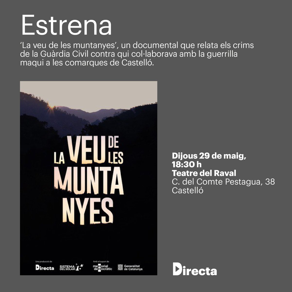 #ESTRENA #DocsDirects | 'La veu de les muntanyes', un documental coproduït per la Directa i <a href="/sistemadelsolar/">Sistema del Solar</a>, s'estrena dijous 29 de maig al Teatre del Raval de Castelló. Aconsegueix les teues entrades:

🎟️ directa.cat/product/entrad…