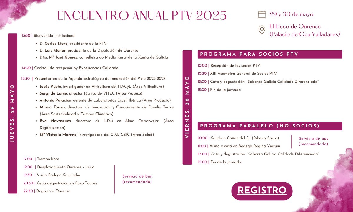 Os invitamos a nuestro Encuentro Anual 2025.
📅29 y 30 de mayo
📍Ourense
Celebraremos nuestra XIII Asamblea General de Socios, presentaremos la Agenda Estratégica de Innovación del Sector del Vino y habrá actividades lúdicas🥂

📝Confirma tu asistencia: forms.gle/w62WUezFbvN1eJ…