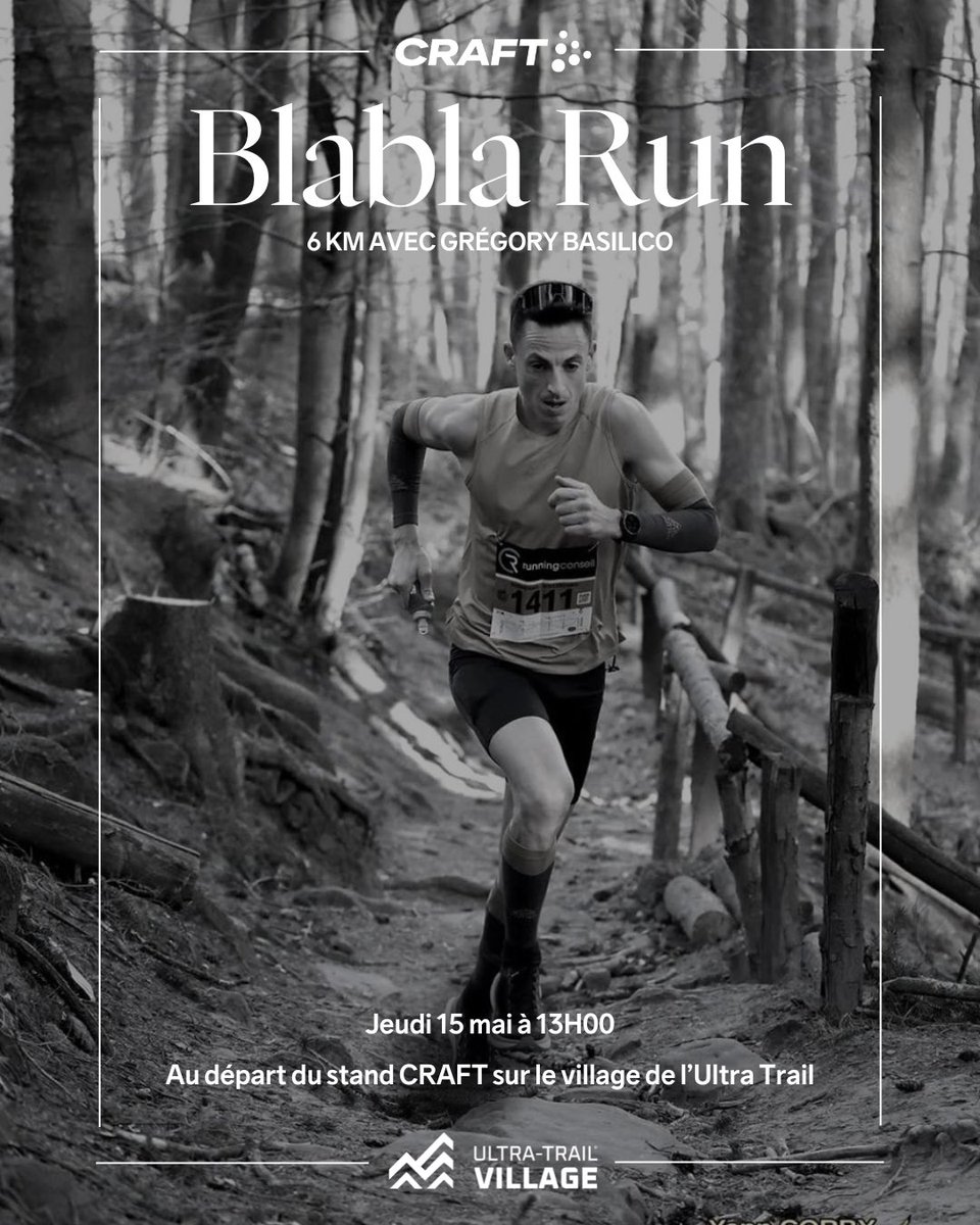 Viens faire un Blabla Run avec Grégory Basilico !

📍Jeudi 15 mai – 13h
Départ du stand Craft sur le village de l’Ultra Trail.
🗺️ 6 km en mode reconnaissance (départ/arrivée du 17 km)
🎟️ Sur inscription uniquement : form.jotform.com/251244585373359