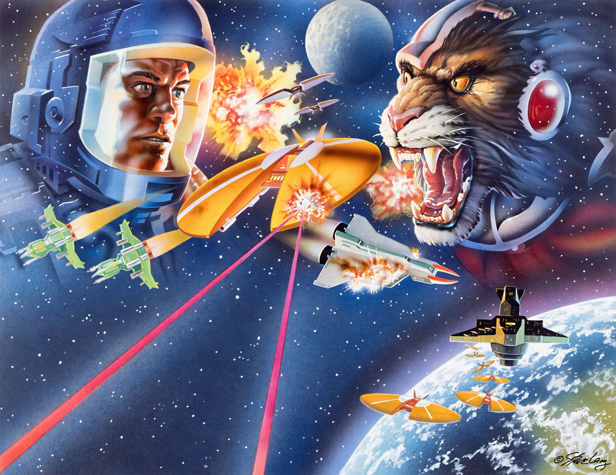 peachflavor3d's tweet image. The artwork of #WingCommander II by Steve Lang. This was to be used on the cover of the unreleased #SuperNintendo version. Added Steve&apos;s signature, applying the usual upscale/clean/retouch process.