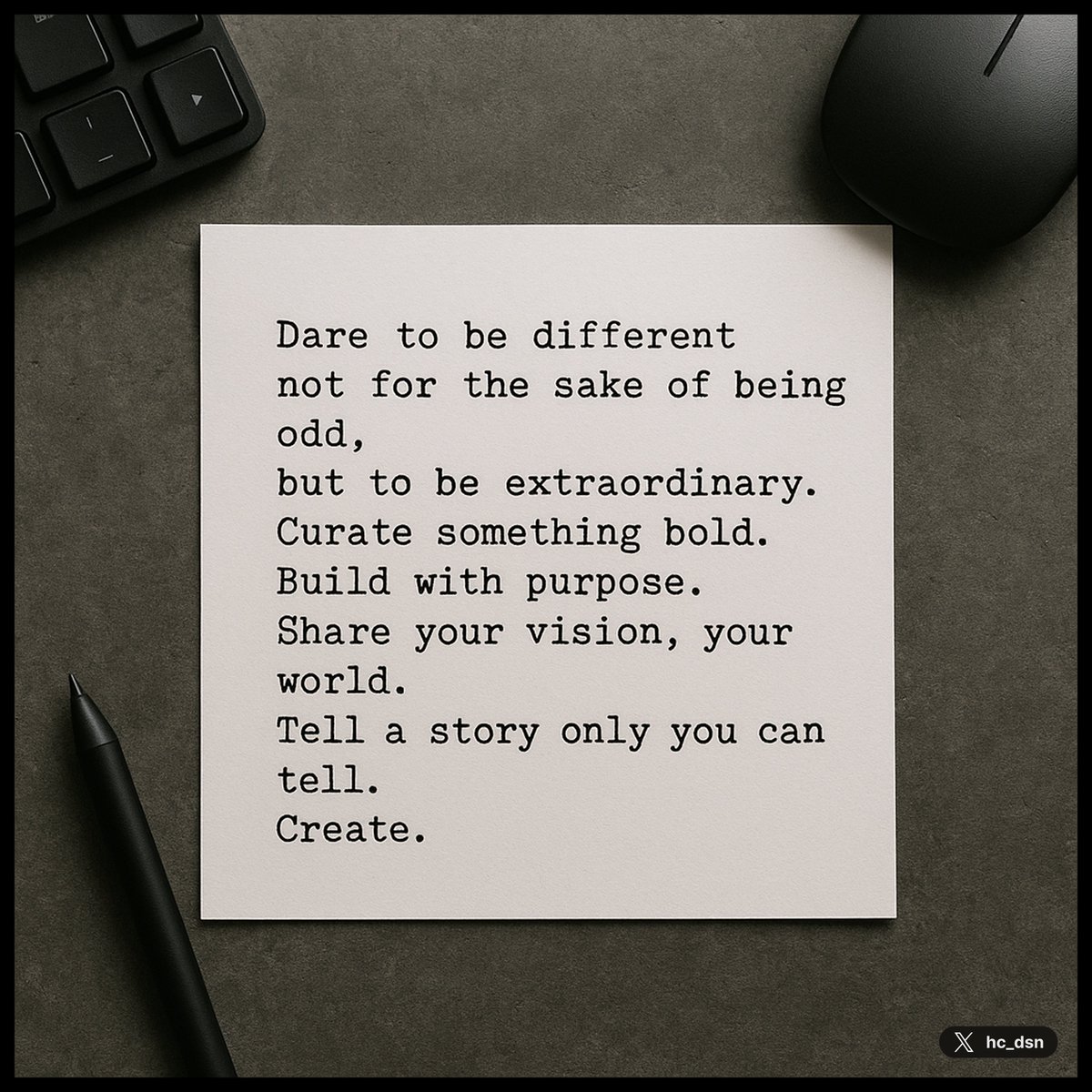 Creators:
Dare to be different
not for the sake of being odd,
but to be extraordinary.
Curate something bold.
Build with purpose.
Share your vision, your world.
Tell a story only you can tell.
Create.