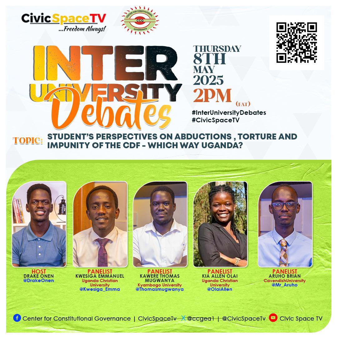 KWESIGA EMMANUEL 🇺🇬 (@kwesiga_emma) on Twitter photo This afternoon, I will join other Panelists <a href="/OlaiAllen/">KIA ALLEN OLAI</a> <a href="/Mr_Aruho/">ARUHO BRIAN</a> <a href="/Thomasmugwanya/">thomas kawere mugwanya</a> for the Inter-University Debates at <a href="/CivicSpaceTV/">CIVIC SPACE TV</a> moderated by <a href="/DrakeOnen/">Douglas Drake Onen</a>
Date: Thursday 8th May, 2025.
Time: 2PM
<a href="/ccgea1/">Center for Constitutional Governance (CCG)</a> <a href="/asiimireritah/">Ritah Kase ⭐</a> <a href="/NayigaMadreen/">Nayiga Madreen</a> <a href="/MbabaziMonicah1/">Mbabazi Monicah</a> <a href="/SarahBireete/">Dr. Bireete Sarah</a> This afternoon, I will join other Panelists <a href="/OlaiAllen/">KIA ALLEN OLAI</a> <a href="/Mr_Aruho/">ARUHO BRIAN</a> <a href="/Thomasmugwanya/">thomas kawere mugwanya</a> for the Inter-University Debates at <a href="/CivicSpaceTV/">CIVIC SPACE TV</a> moderated by <a href="/DrakeOnen/">Douglas Drake Onen</a>
Date: Thursday 8th May, 2025.
Time: 2PM
<a href="/ccgea1/">Center for Constitutional Governance (CCG)</a> <a href="/asiimireritah/">Ritah Kase ⭐</a> <a href="/NayigaMadreen/">Nayiga Madreen</a> <a href="/MbabaziMonicah1/">Mbabazi Monicah</a> <a href="/SarahBireete/">Dr. Bireete Sarah</a>
