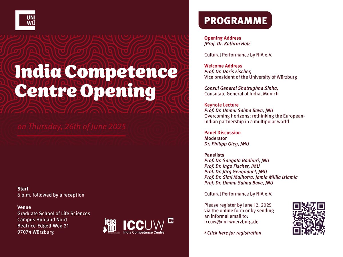 ICAS:MP (@icas_mp) on Twitter photo 📢The <a href="/Uni_WUE/">Universität Würzburg #UniWürzburg</a> & ICAS:MP are inaugurating the India Competence Centre on 26 June 2025!
With a keynote by Prof. Ummu Salma Bava (<a href="/MercatorDE/">Stiftung Mercator</a>) and a panel with our Director Prof. Jörg Gengnagel.
🕕6 PM | Campus Hubland Nord, Würzburg
📩forms.office.com/e/Lqf99uNpNn 📢The <a href="/Uni_WUE/">Universität Würzburg #UniWürzburg</a> & ICAS:MP are inaugurating the India Competence Centre on 26 June 2025!
With a keynote by Prof. Ummu Salma Bava (<a href="/MercatorDE/">Stiftung Mercator</a>) and a panel with our Director Prof. Jörg Gengnagel.
🕕6 PM | Campus Hubland Nord, Würzburg
📩forms.office.com/e/Lqf99uNpNn