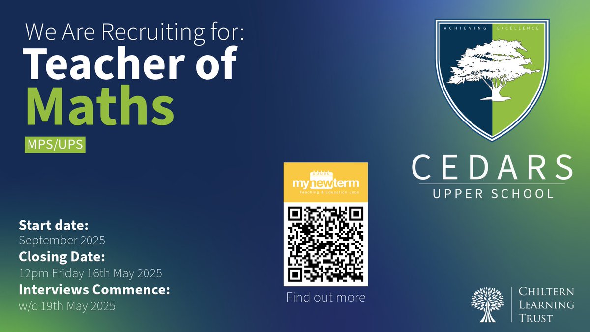 Cedars Upper School (@cedars_upper) on Twitter photo Exciting opportunity at Cedars Upper School! We're looking for a passionate Teacher of Maths to inspire our students. Apply today! #MathsJob #TeacherVacancy #LeightonBuzzard #CedarsUpperSchool <a href="/mynewterm/">MyNewTerm</a> <a href="/mjpGibbs/">Mark Gibbs</a> <a href="/ChilternLT/">Chiltern Learning Trust</a> <a href="/Umara1Qureshi/">Umara</a> <a href="/Mnormanedu/">Melanie Norman</a>
mynewterm.com/jobs/137462/ED… Exciting opportunity at Cedars Upper School! We're looking for a passionate Teacher of Maths to inspire our students. Apply today! #MathsJob #TeacherVacancy #LeightonBuzzard #CedarsUpperSchool <a href="/mynewterm/">MyNewTerm</a> <a href="/mjpGibbs/">Mark Gibbs</a> <a href="/ChilternLT/">Chiltern Learning Trust</a> <a href="/Umara1Qureshi/">Umara</a> <a href="/Mnormanedu/">Melanie Norman</a>
mynewterm.com/jobs/137462/ED…