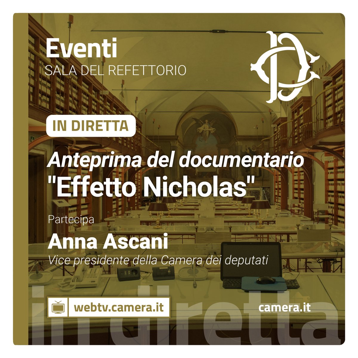 Camera dei deputati (@montecitorio) on Twitter photo La proiezione in anteprima del documentario "Effetto Nicholas". Saluti della Vicepresidente della Camera, <a href="/AnnaAscani/">Anna Ascani</a>.
Segui la diretta: bit.ly/Evento080525_
#OpenCamera La proiezione in anteprima del documentario "Effetto Nicholas". Saluti della Vicepresidente della Camera, <a href="/AnnaAscani/">Anna Ascani</a>.
Segui la diretta: bit.ly/Evento080525_
#OpenCamera