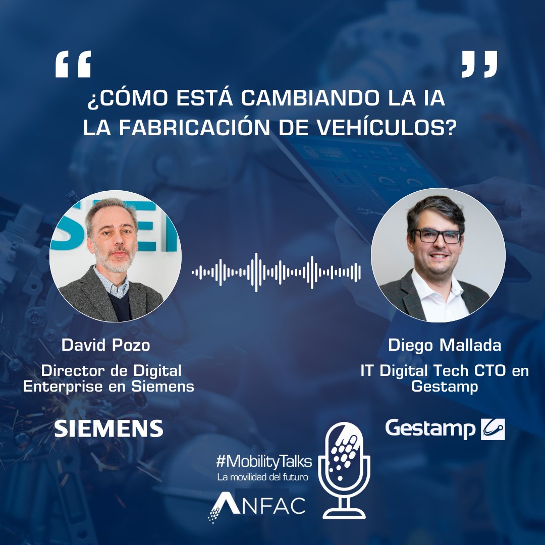 AnfacAutomovil's tweet image. 🎧 ¿Cómo está cambiando la IA la fabricación de vehículos? 

En #MobilityTalks, David Pozo (@Siemens) y Diego Mallada (@gestamp_es) nos cuentan cómo la IA está revolucionando la fabricación de vehículos. 

¡Descubre el impacto de la digitalización en la industria de la