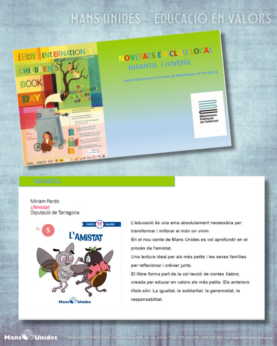 mansunides_tgn's tweet image. 📚 "L’Amistat" de Mans Unides, ja forma part de la Guia de Novetats Infantils i Juvenils de les Biblioteques Públiques de Catalunya! 

🎉 Gràcies per incloure’l! 💙

👉 Més info a: mansunides.org/delegacion/tar…

#LAmistat #MansUnides #LecturaEnValors #Infants
