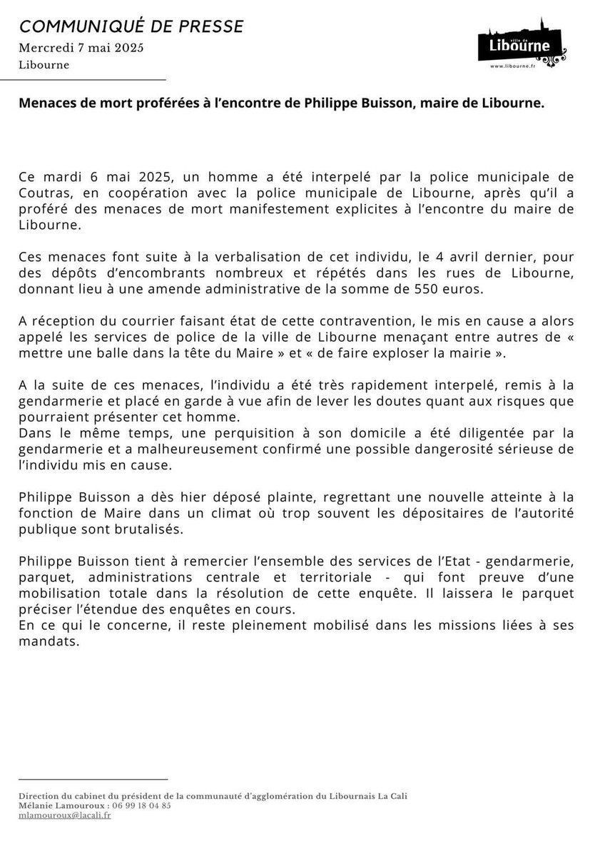 Soutien républicain à Philippe Buisson et à la Ville de #Libourne. 
Rien ne saurait justifier de telles menaces à l'encontre des élus de la #République, et #Police et #Justice doivent faire preuve de fermeté face à ces agressions, quelles soient verbales ou physiques.