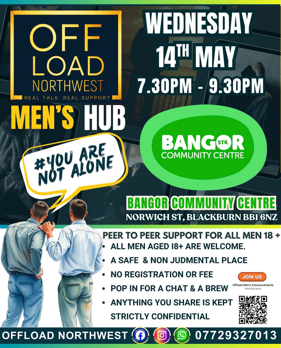 A men's hub is taking place at the Bangor Street Community Centre on Wednesday (14 May) organised by the team from Offload Blackburn

Just pop in for a chat.