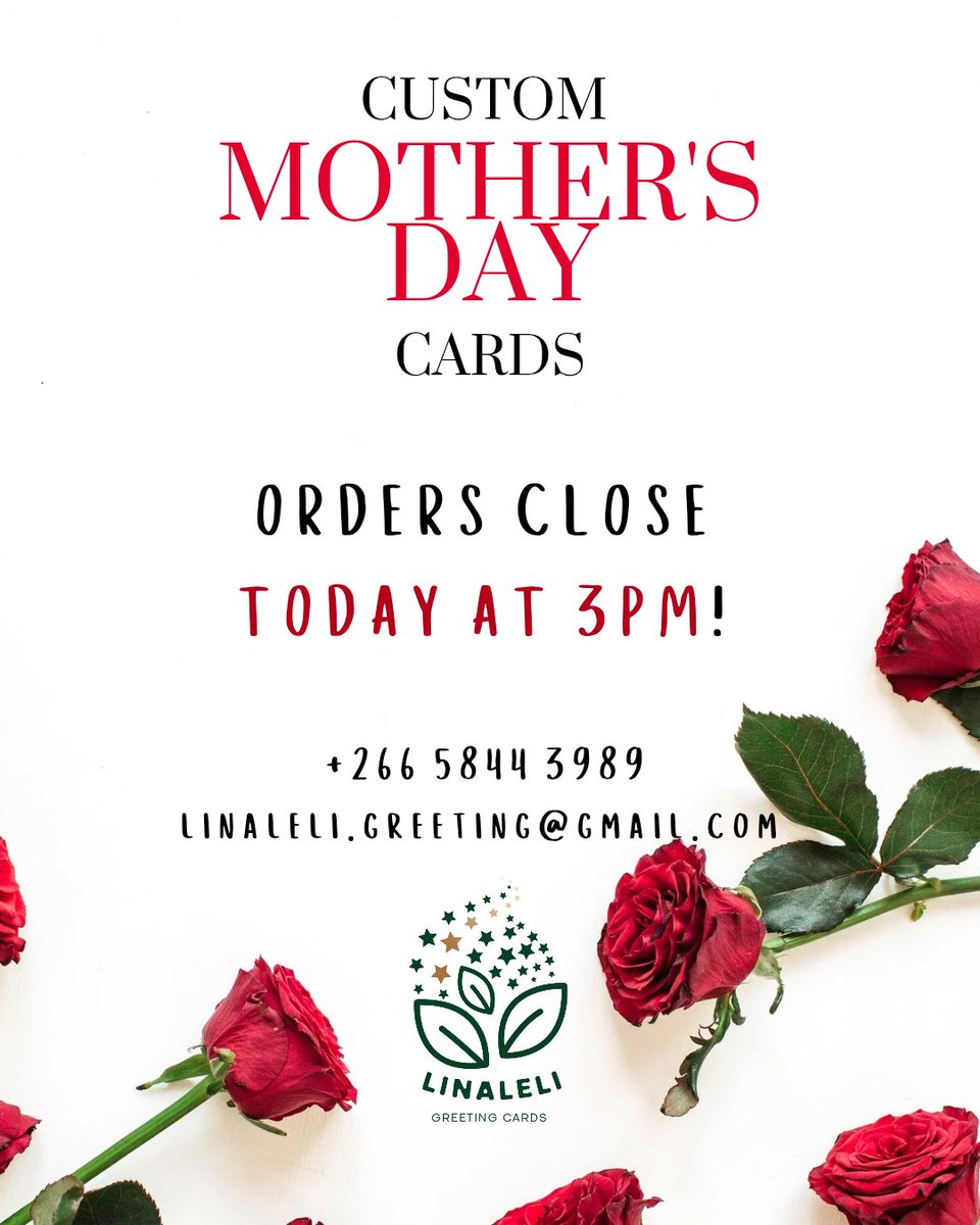 A few cards left, order yours before it's too late!!

Beautiful custom Mother's Day cards on a basil and tomato seed paper 🥬🍅🌱

+266 5844 3989 || linaleli.greeting@gmail.com