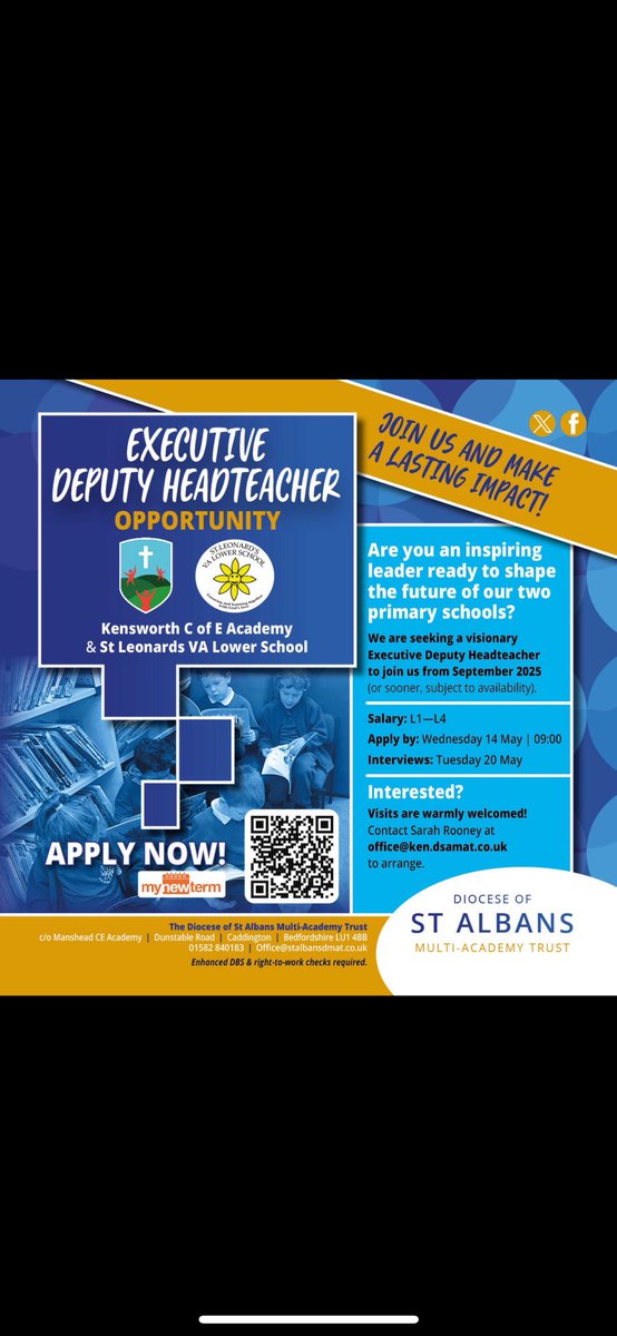 jenny langford (@brummydwnsouth) on Twitter photo An exciting leadership opportunity across two amazing <a href="/StAlbansDMAT/">Diocese of St Albans Multi-Academy Trust</a> schools
Are you looking for that next step? This could be the opportunity for you! <a href="/KensworthCE/">Kensworth CE Academy</a> <a href="/rogersjanna1/">Anna Rogers</a> An exciting leadership opportunity across two amazing <a href="/StAlbansDMAT/">Diocese of St Albans Multi-Academy Trust</a> schools
Are you looking for that next step? This could be the opportunity for you! <a href="/KensworthCE/">Kensworth CE Academy</a> <a href="/rogersjanna1/">Anna Rogers</a>