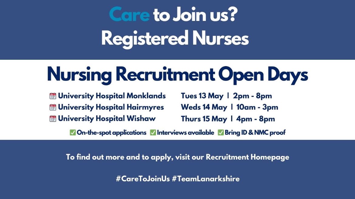 Recruitment Open Day Wednesday 14th May #hairmyresandproud <a href="/NHSLanarkshire/">NHS Lanarkshire</a>