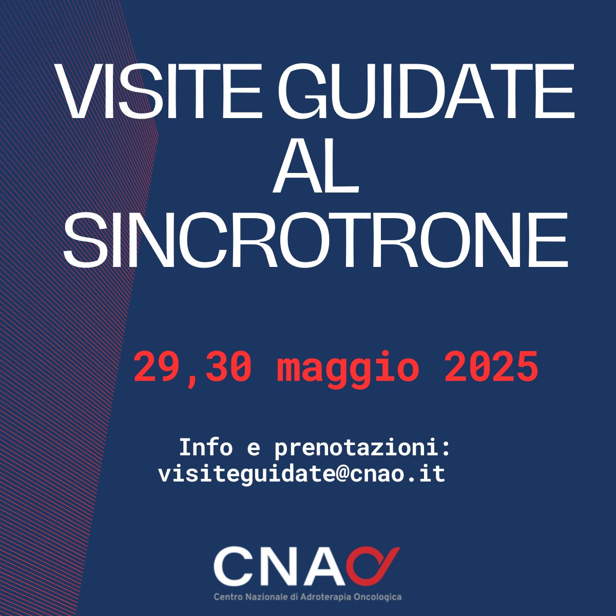 Centro Nazionale di Adroterapia Oncologica (@fond_cnao) on Twitter photo 📌Giovedì 29 e venerdì 30 maggio PARTECIPA ALLE NOSTRE VISITE GUIDATE ed entra nel bunker del sincrotrone, l’acceleratore di particelle lungo 80 metri, cuore pulsante di CNAO.
➡️Per info e prenotazioni, scrivi a: visiteguidate@cnao.it 📌Giovedì 29 e venerdì 30 maggio PARTECIPA ALLE NOSTRE VISITE GUIDATE ed entra nel bunker del sincrotrone, l’acceleratore di particelle lungo 80 metri, cuore pulsante di CNAO.
➡️Per info e prenotazioni, scrivi a: visiteguidate@cnao.it