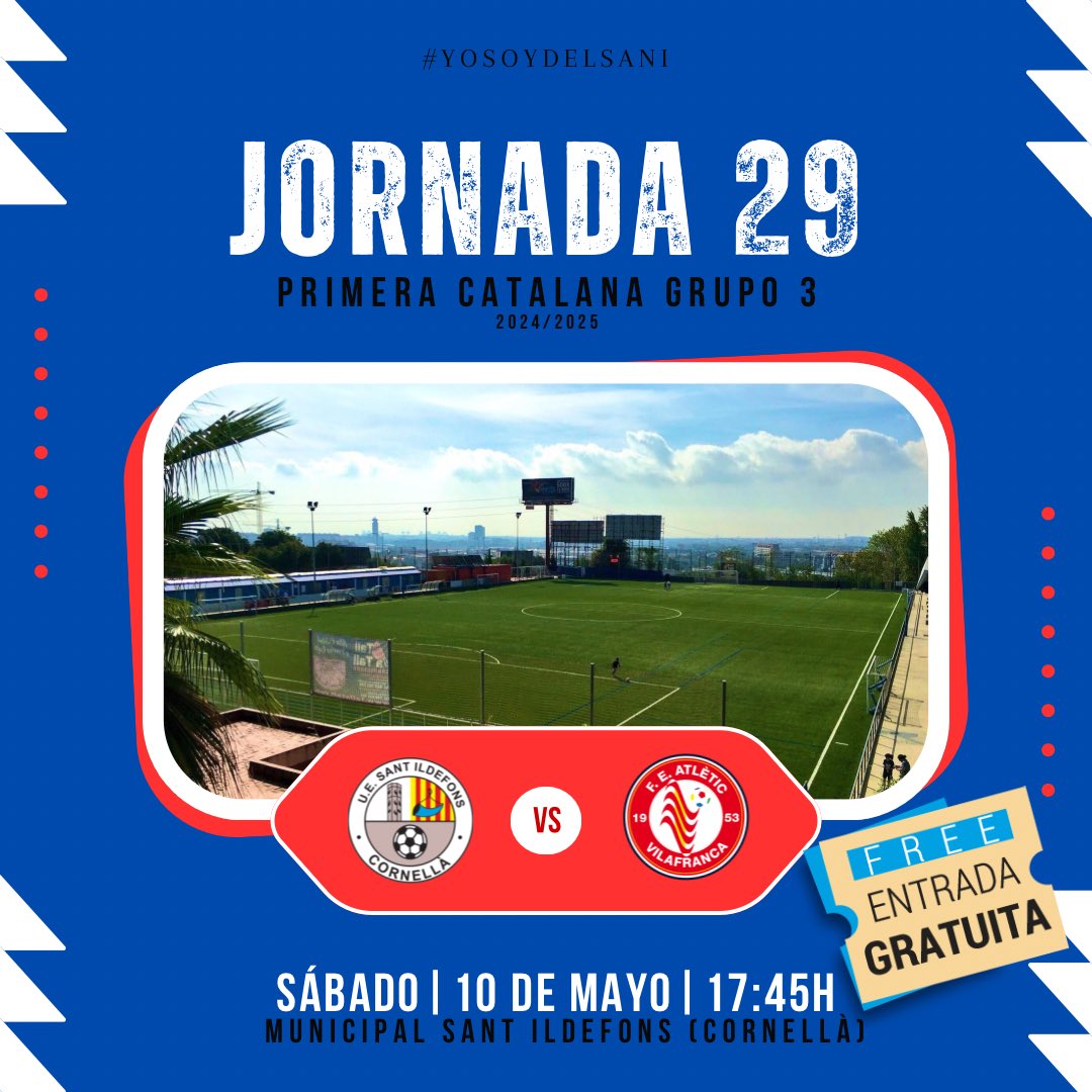 🔵 #PrimerEquipo 𝟮𝟬𝟮𝟰 • 𝟮𝟬𝟮𝟱

📌 𝐉𝐎𝐑𝐍𝐀𝐃𝐀 𝟐𝟗

🔜 ¡Este sábado (17:45h) recibimos al <a href="/AtleticVila/">Atlètic Vilafranca</a> en la penúltima jornada! 

🔥 ¡La permanencia en juego! 🫵🏻

📢 Se realizará pasillo 🏆 al Sub 11 “B” 🥳

💳 ENTRADA GRATUITA❗️

#1cat3 #YoSoyDelSani 💙