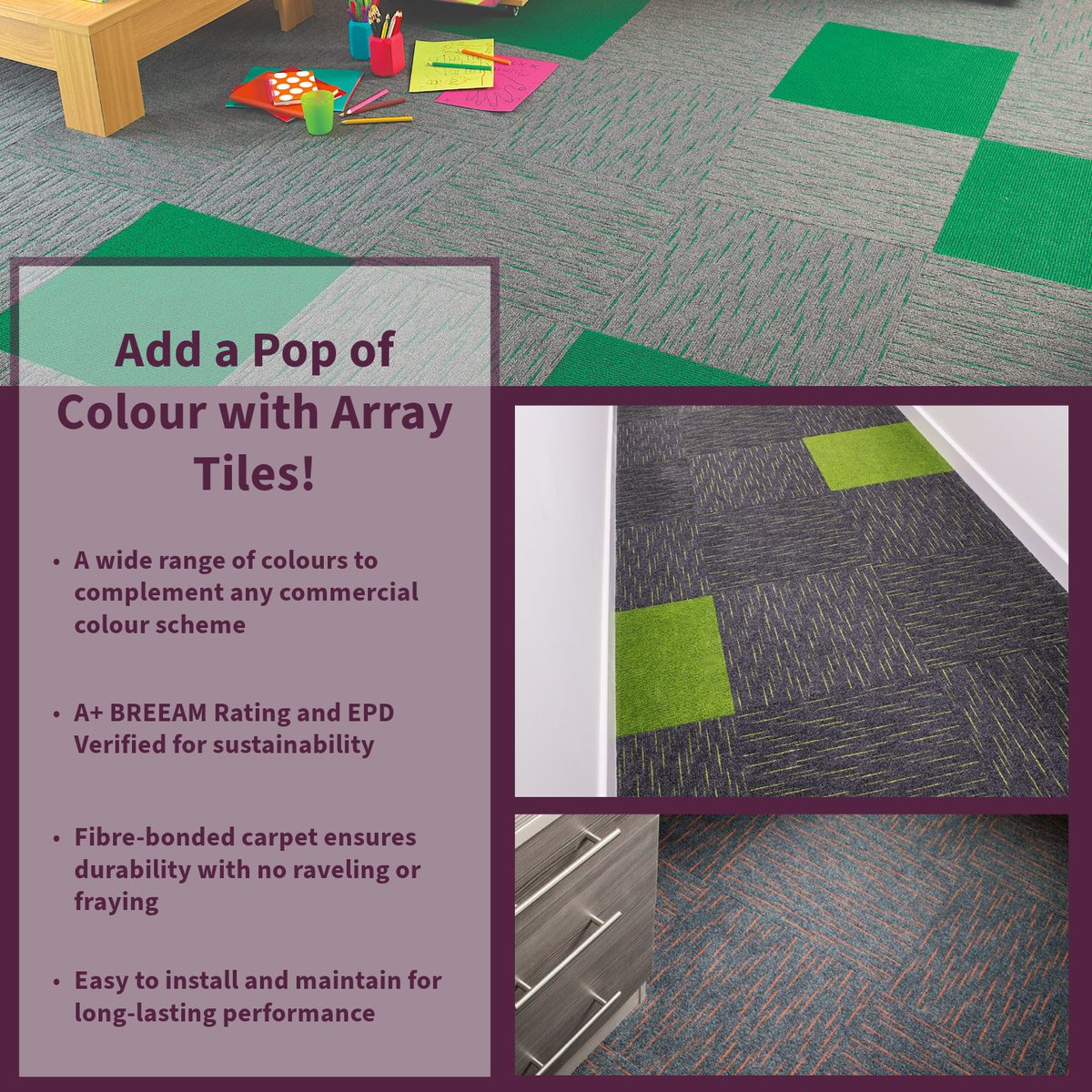 Add colour to your workspace with Array carpet tiles! 🌈 Durable and perfect for high-traffic areas. 

View the collection: 👉 ow.ly/jOIw50VP1VI

 #ArrayCarpetTiles #ColorfulInteriors
